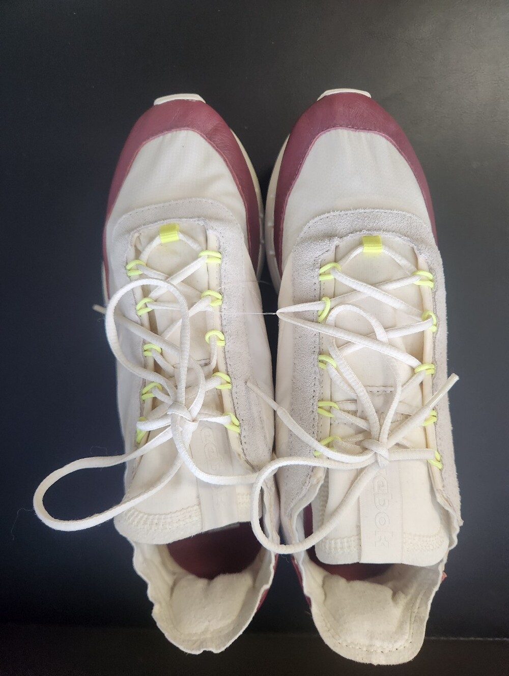 Reebok White and Burgundy Sneakers with Neon Lace Accents Running Or Hiking